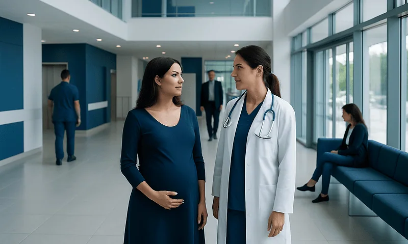 Pregnant woman consulting with a doctor in a hospital lobby.