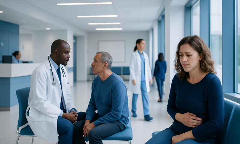 Doctor consulting with a patient in a hospital waiting area.