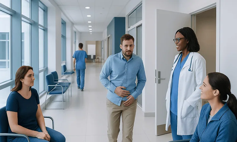Patients and doctor in a hospital corridor at Acibadem Hospitals Group.