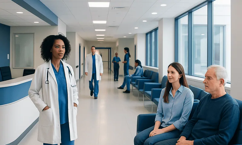 Healthcare professionals and patients in a modern hospital corridor.