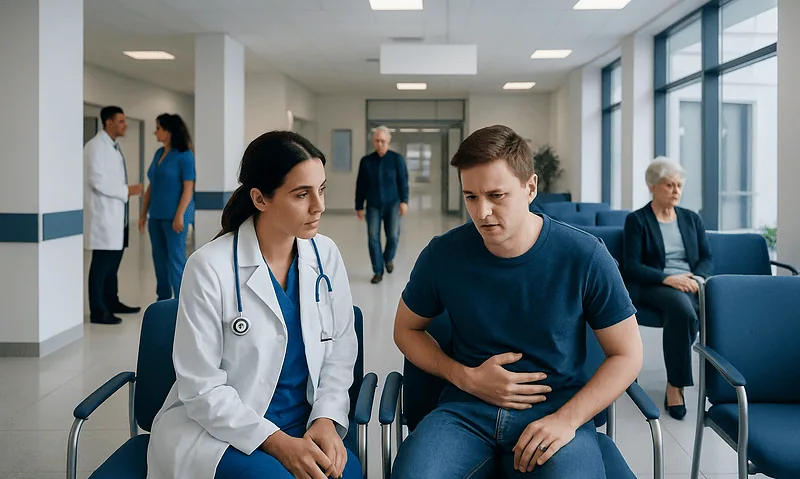 Patient consulting with doctor in hospital waiting area.