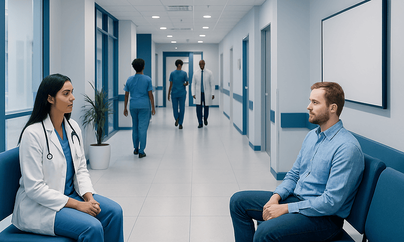 Hospital corridor with medical staff and patient waiting area.