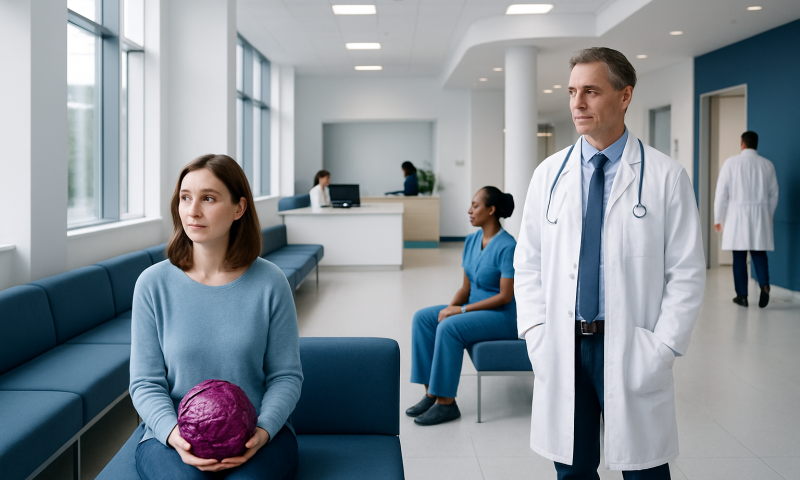 Patient holding purple cabbage in hospital waiting area with doctor nearby.