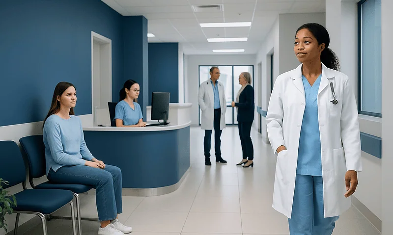 Healthcare professionals and patients in a modern hospital corridor.