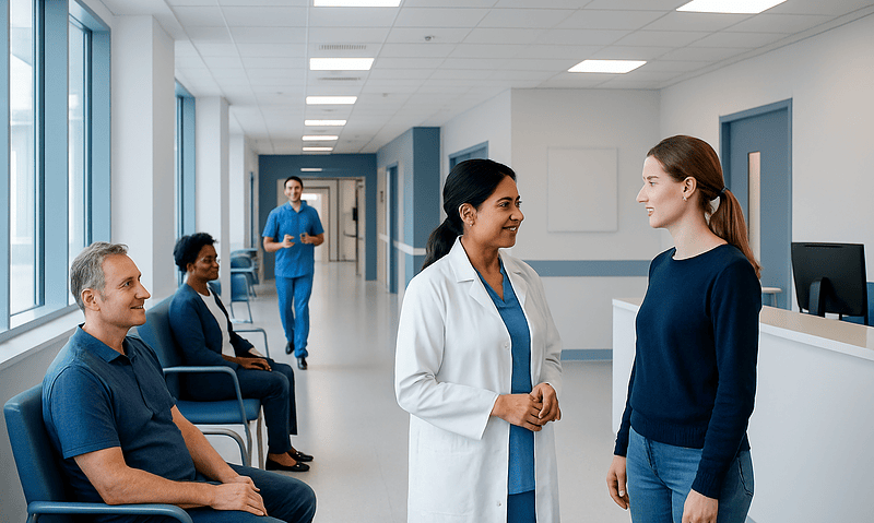 Healthcare professionals and patients in a hospital corridor.