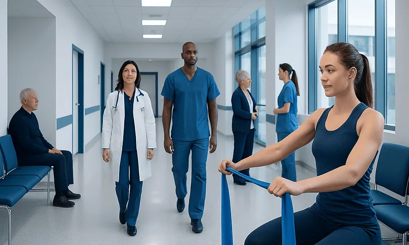 Medical professionals and patients in a hospital corridor.