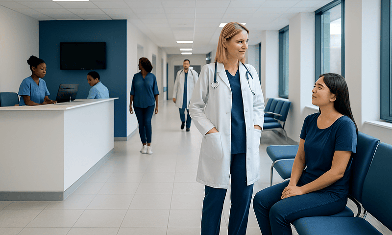 Healthcare professionals and patient in a modern hospital corridor.