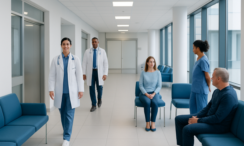 Healthcare professionals and patients in a modern hospital corridor.