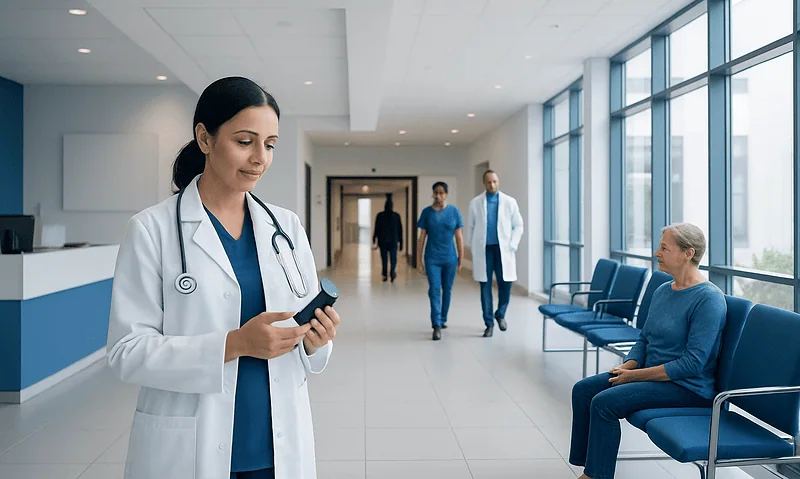 Female doctor using smartphone in hospital corridor with patient sitting nearby.