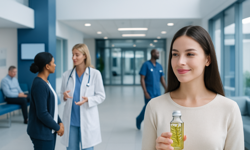 Young woman holding rosemary oil in a hospital corridor.