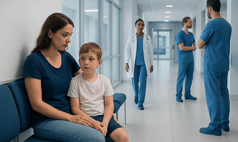 Child and mother waiting in hospital corridor with medical staff nearby.