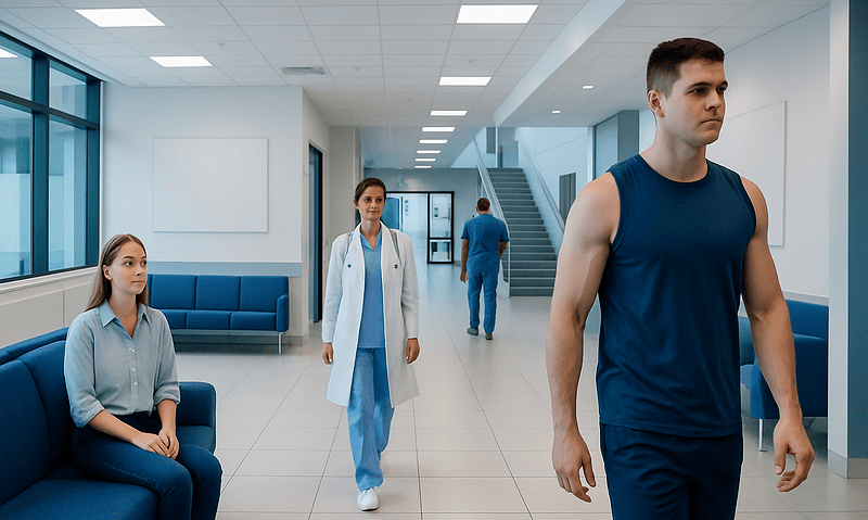Young man walking in hospital corridor with medical staff and patient.