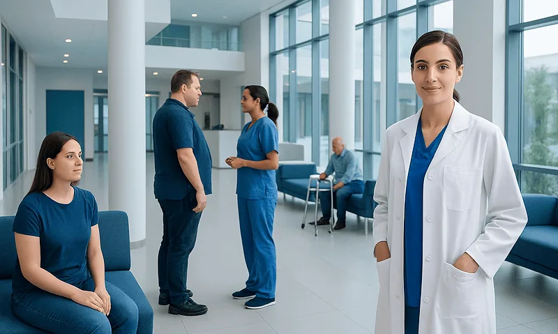 Healthcare professionals and patients in a modern hospital lobby.