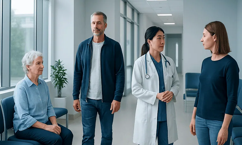 Medical consultation with a doctor and patients in a hospital corridor.