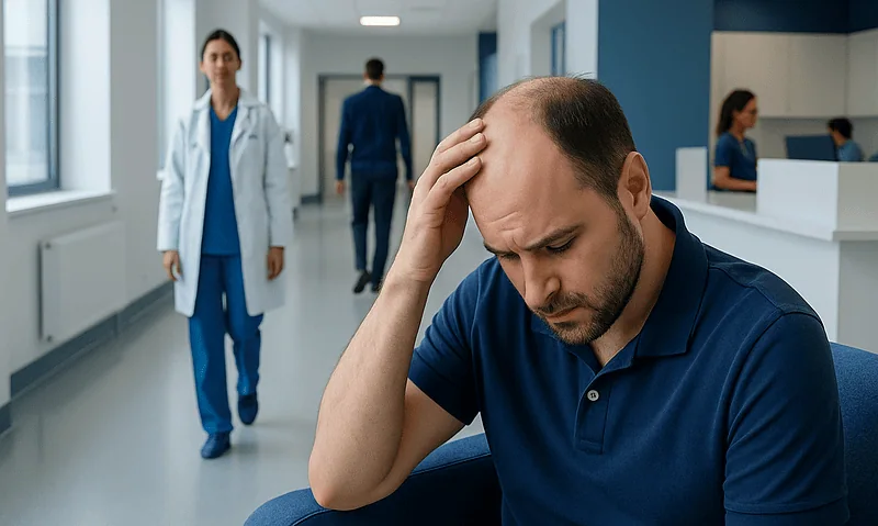 Man with hair loss holding his head in a hospital corridor.