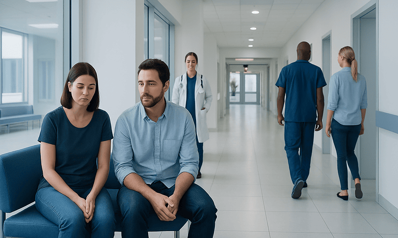 Patients waiting in a hospital corridor with medical staff nearby.