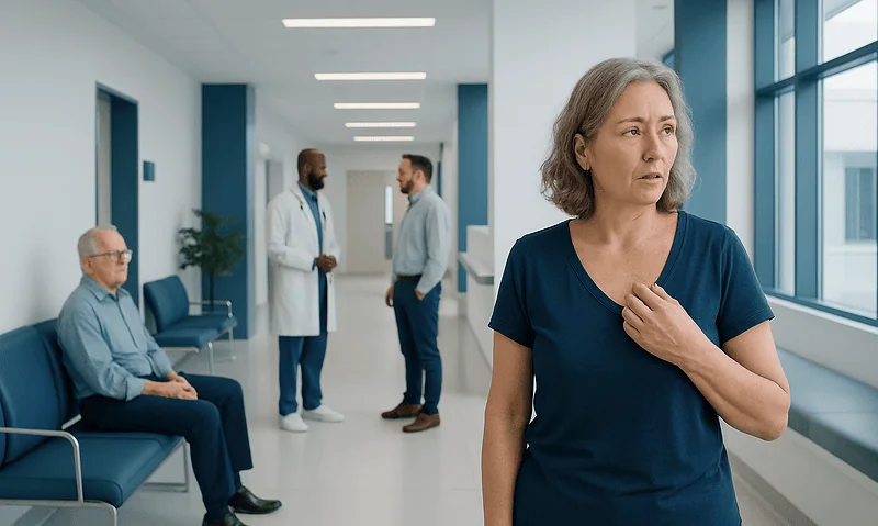 Woman experiencing chest discomfort in a hospital corridor.