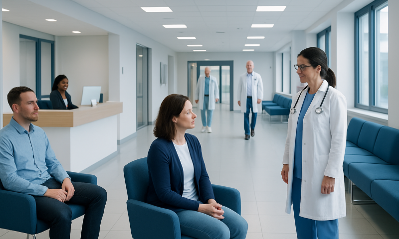 Doctor consulting patients in a modern hospital corridor.