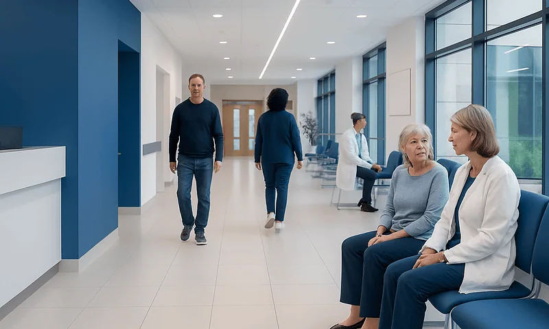 Modern hospital corridor with patients and staff in a healthcare facility.