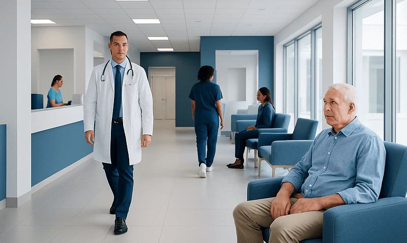 Medical staff and patients in a modern hospital waiting area.
