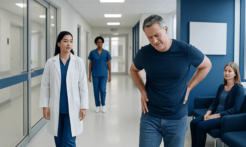 Patient experiencing back pain in hospital corridor with medical staff nearby.