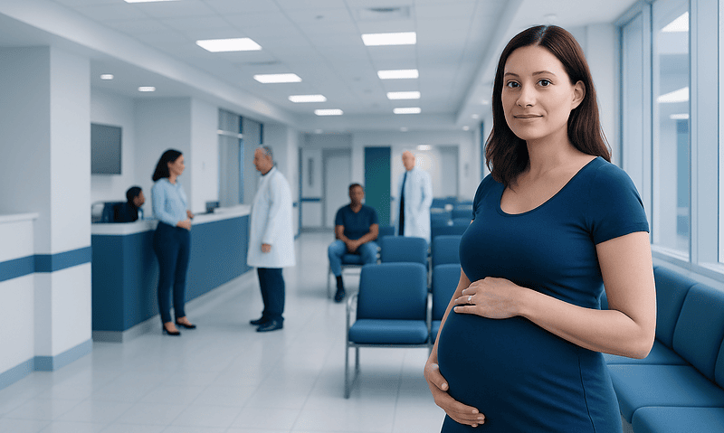 Pregnant woman in hospital waiting area at Acibadem Hospitals Group.