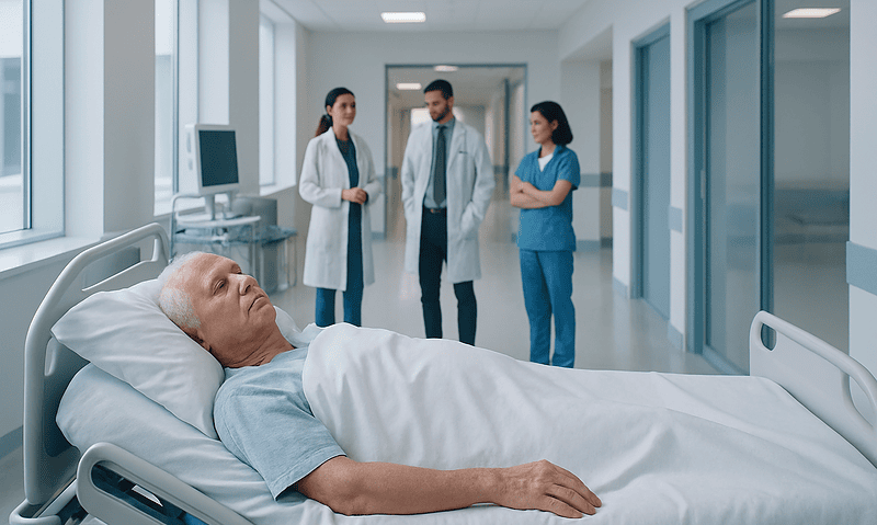 Elderly patient in hospital bed with medical staff in the background.
