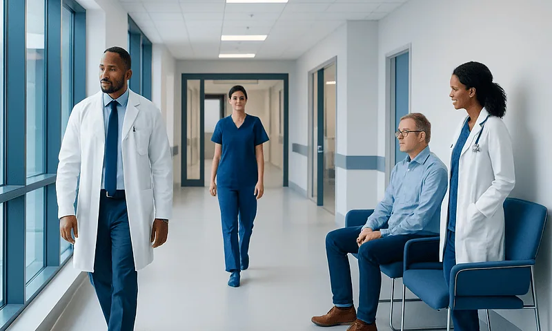Medical professionals and patient in hospital corridor at Acibadem Hospitals Group.
