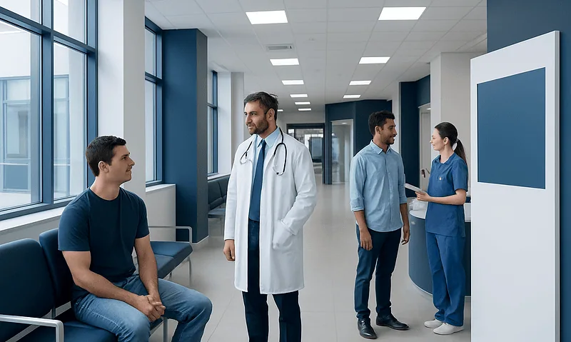 Medical consultation in a modern hospital corridor with doctors and patients.