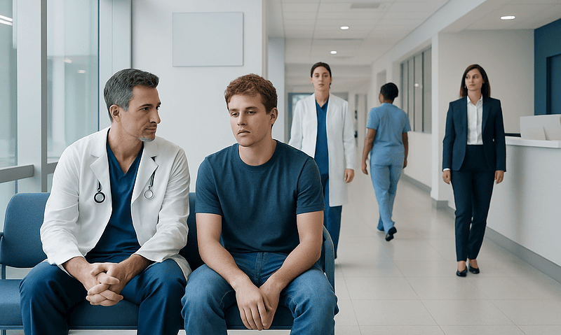 Doctor consulting with a young male patient in a hospital corridor.