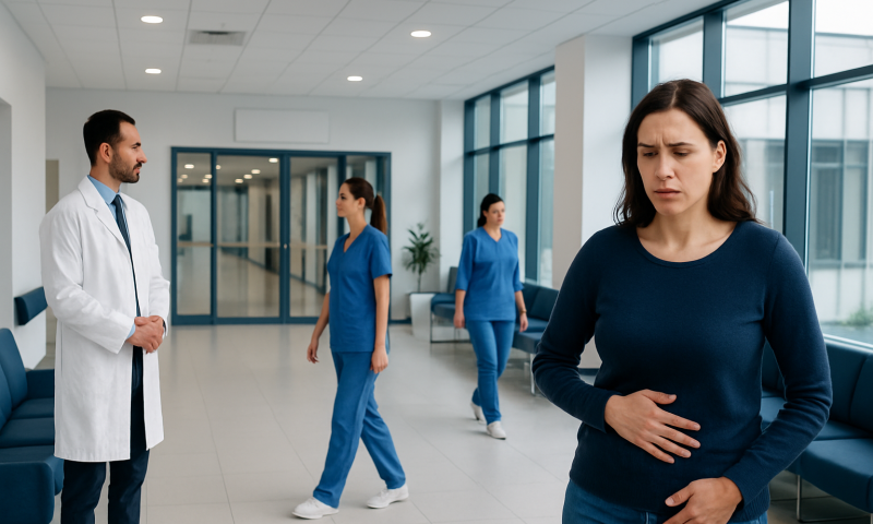 Woman experiencing stomach pain in hospital corridor with medical staff nearby.