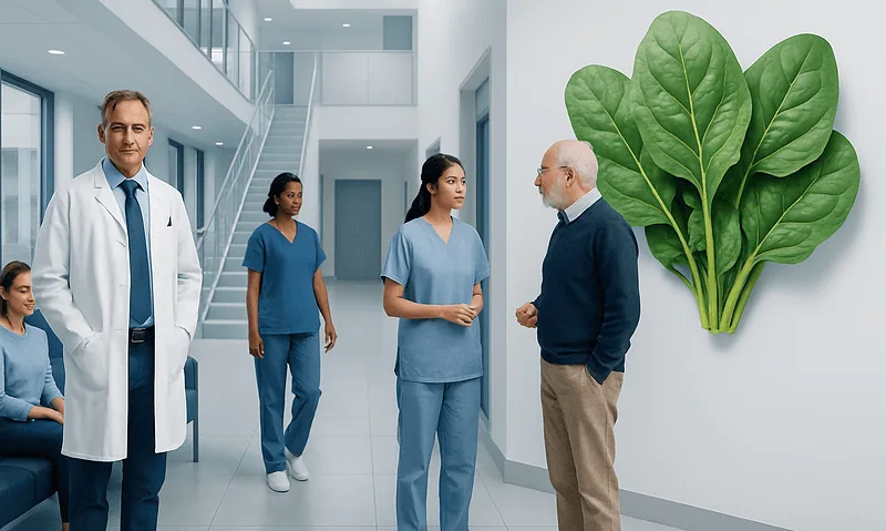 Does spinach make you poop? A Doctor-Reviewed Answer 16 Medical team discussing in hospital corridor with large spinach leaf artwork.
