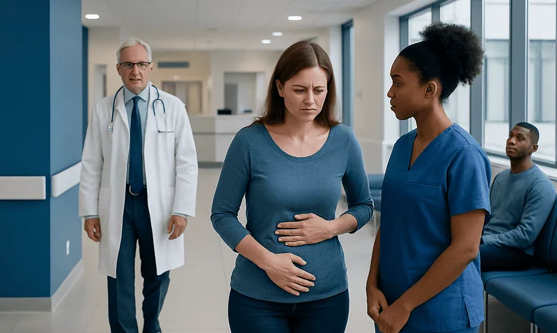 Pregnant woman consulting with nurse in hospital corridor.