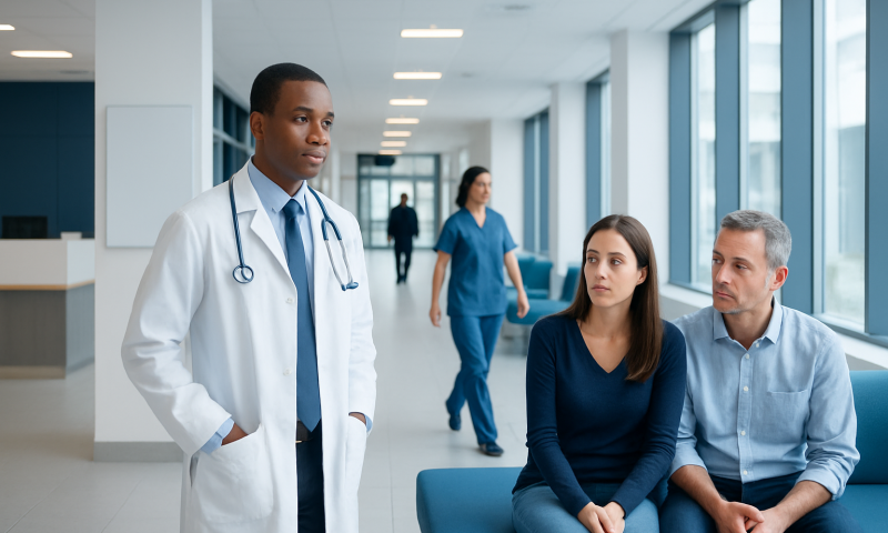 Medical consultation in a hospital corridor with doctor and patients.
