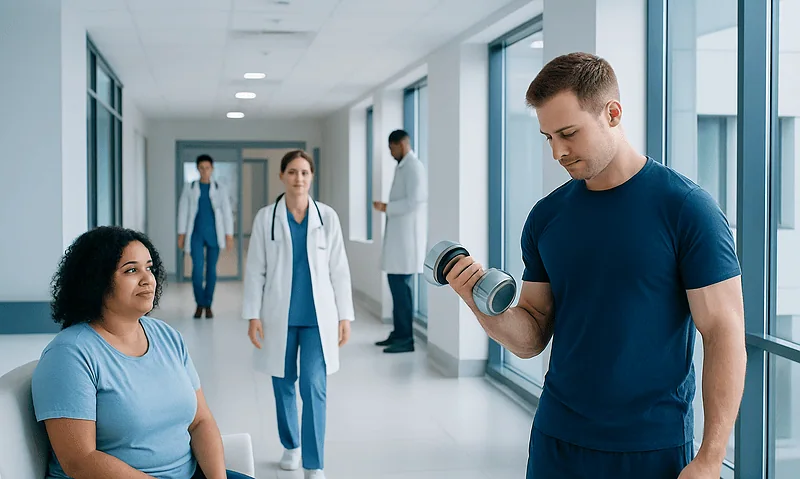 Patient and healthcare professionals in a hospital corridor.