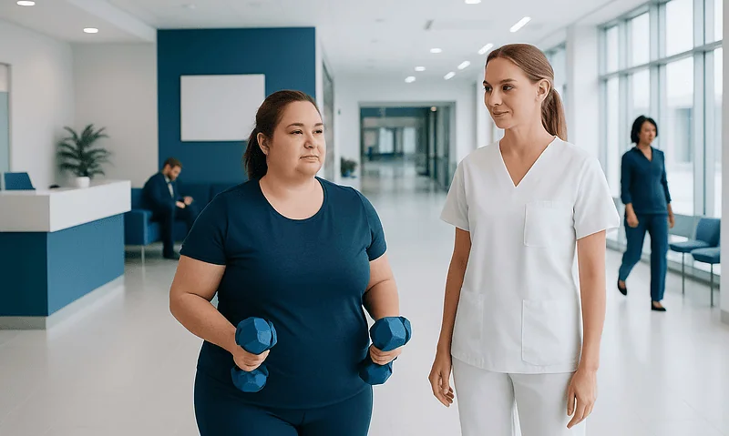 Medical professional advising a woman lifting weights at a hospital.