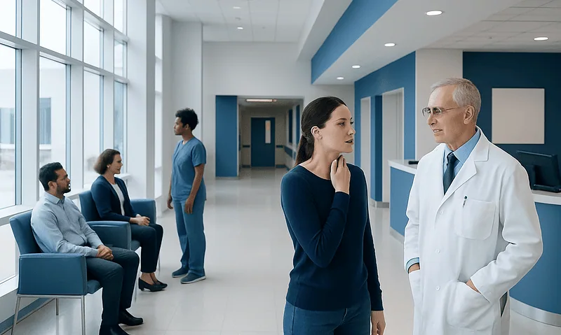 Does Strep Throat Go Away on Its Own? Causes, Explanations, and Next Steps 1 Doctor consulting with a patient in a modern hospital corridor.