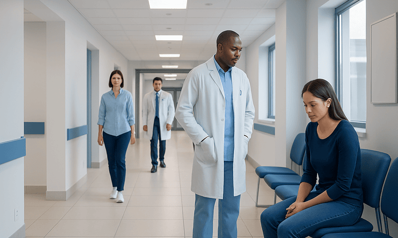 Medical professionals consulting with a patient in a hospital corridor.