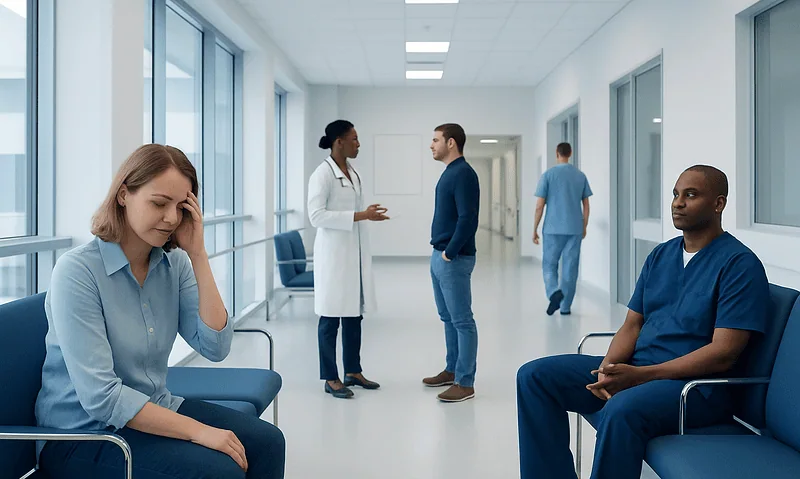 Patients waiting in a hospital corridor with medical staff in the background.