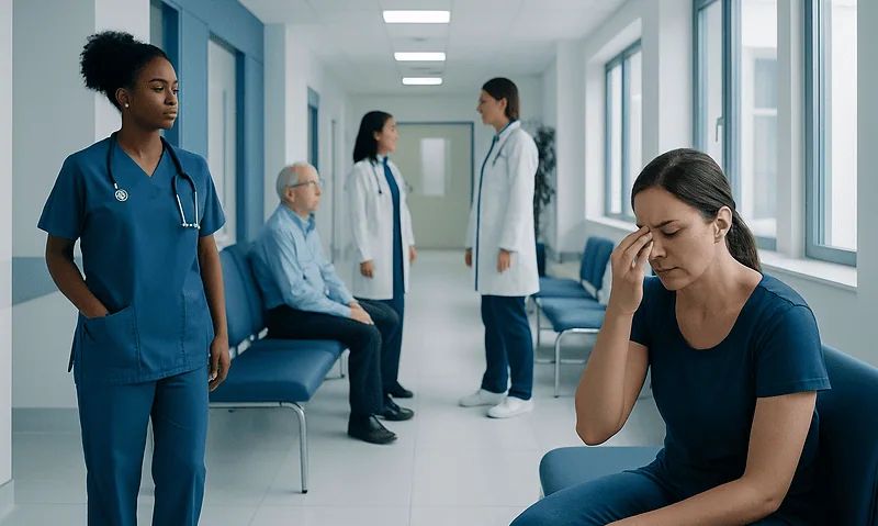 Patient experiencing nosebleed in hospital corridor with medical staff nearby.