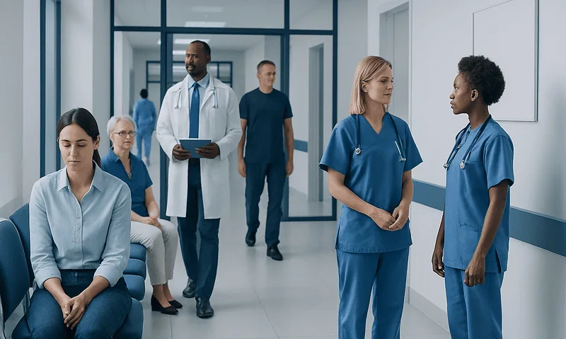 Healthcare professionals and patients in a hospital corridor.