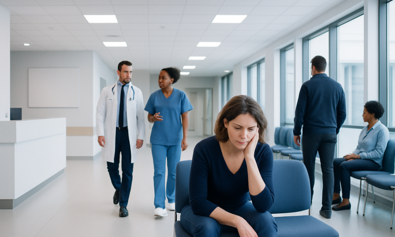 Patient experiencing stress in hospital waiting area with medical staff nearby.