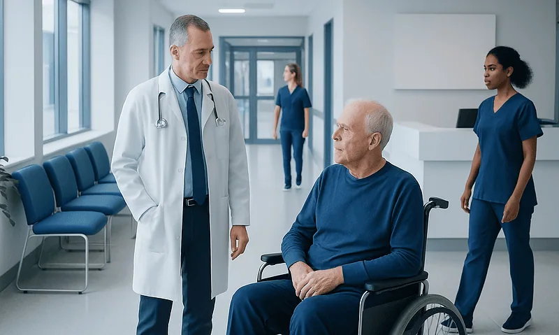 Doctor consulting with elderly patient in hospital corridor.
