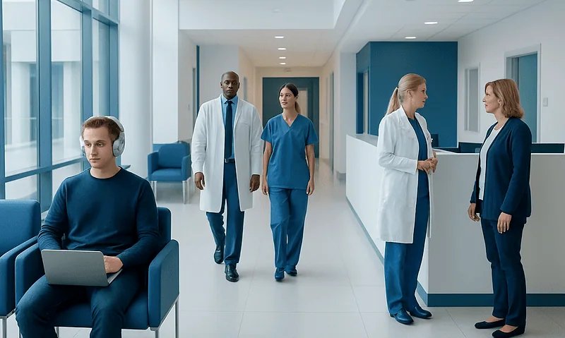 Modern hospital corridor with medical staff and patient using a laptop.