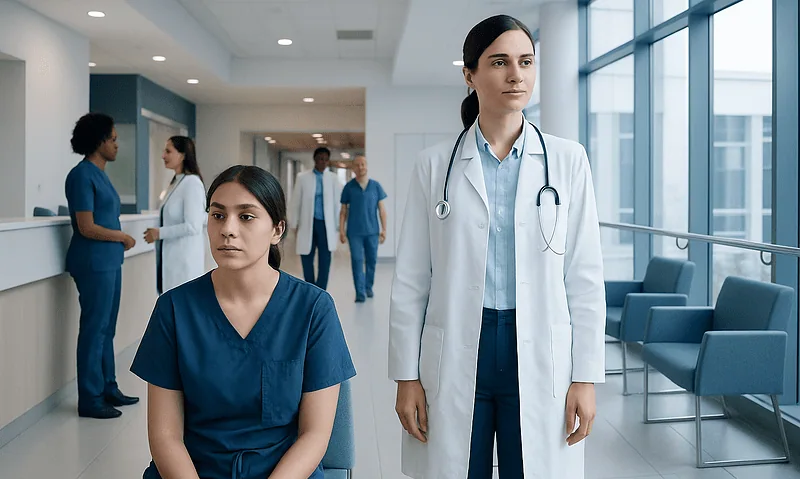 Medical professionals in a hospital corridor with a patient and staff in the background.