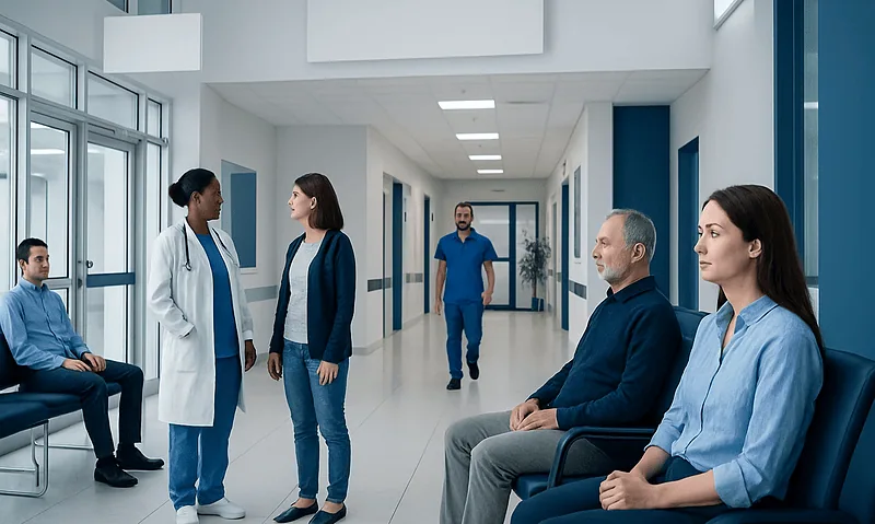 Hospital waiting area with medical staff and patients.