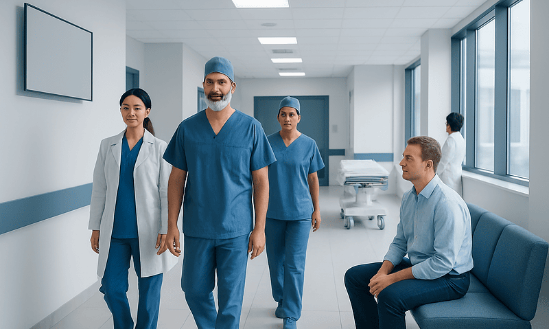 Medical team in hospital corridor preparing for surgery with bleeding disorder focus.