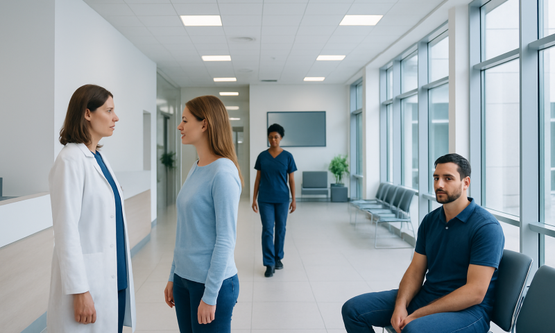 Medical consultation in hospital corridor with doctor and patient.