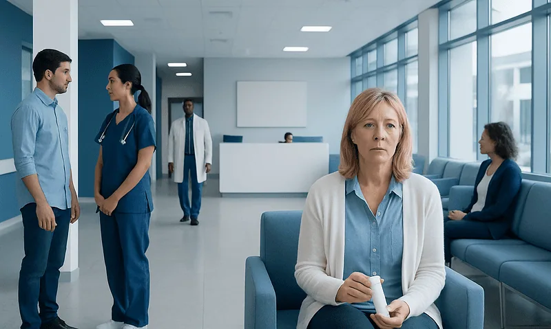 Swollen Eyes Cream: Possible Causes and When to Seek Care 7 Woman with swollen eyes waiting in a hospital corridor.
