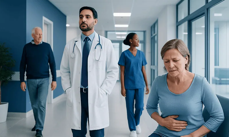 Doctor and nurses with patient experiencing abdominal pain in hospital corridor.